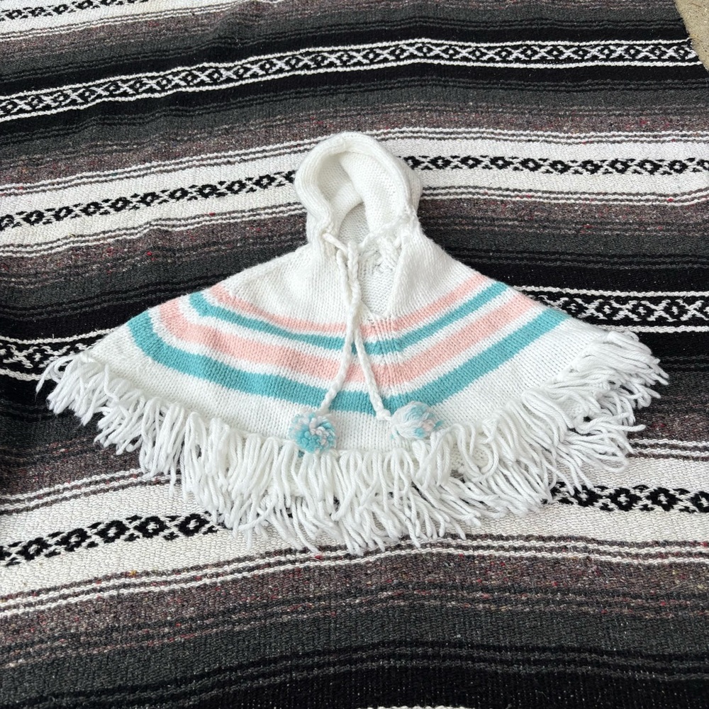 VINTAGE KNIT CROCHET WHITE PINK BLUE HOODED PONCHO BABY SIZE ONE SIZE ADORABLE